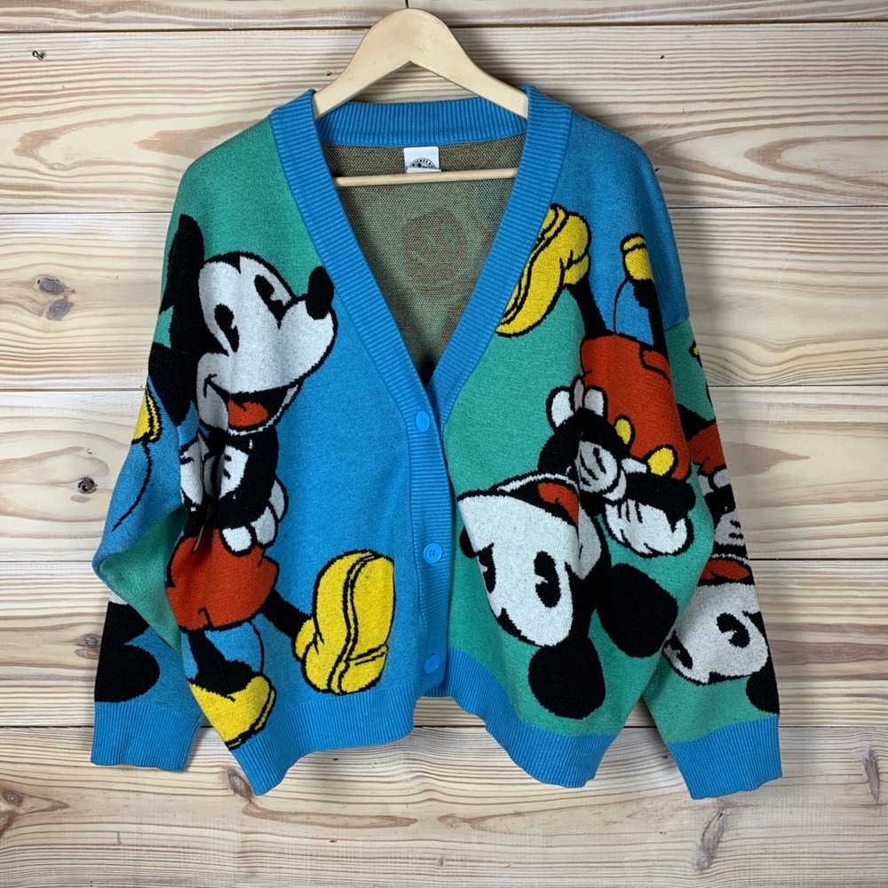 Mickey & Co Disney Cardigan‎ Womens 1X Blue Green Mickey Mouse V-Neck Sweater